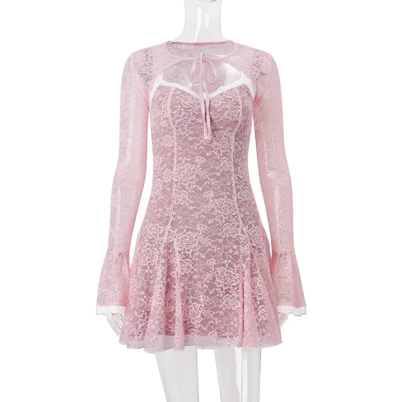 JULISSA MO Sexy See Through Lace Women Dress Pink Flare Sleeve Print Floral Dress Female Autumn New Elegant Two Piece Sets 2025