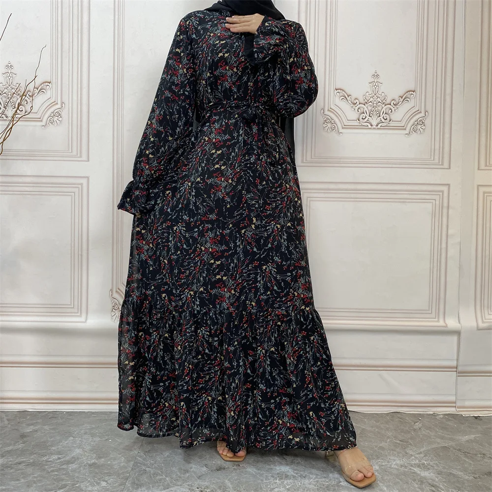 Abaya Dubai Turkey Chiffon Print Flared Sleeve Hijab Long Dress for Muslim Abayas Islam Clothes African Dresses for Women Kaftan