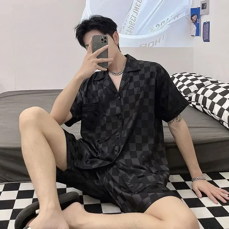 

Sleepwear Solid Color Casual Sleeve Clothes Shirt+shorts Silk Male Satin Pajama Thin Summer Suit Sets Homewear 2pcs Short Men