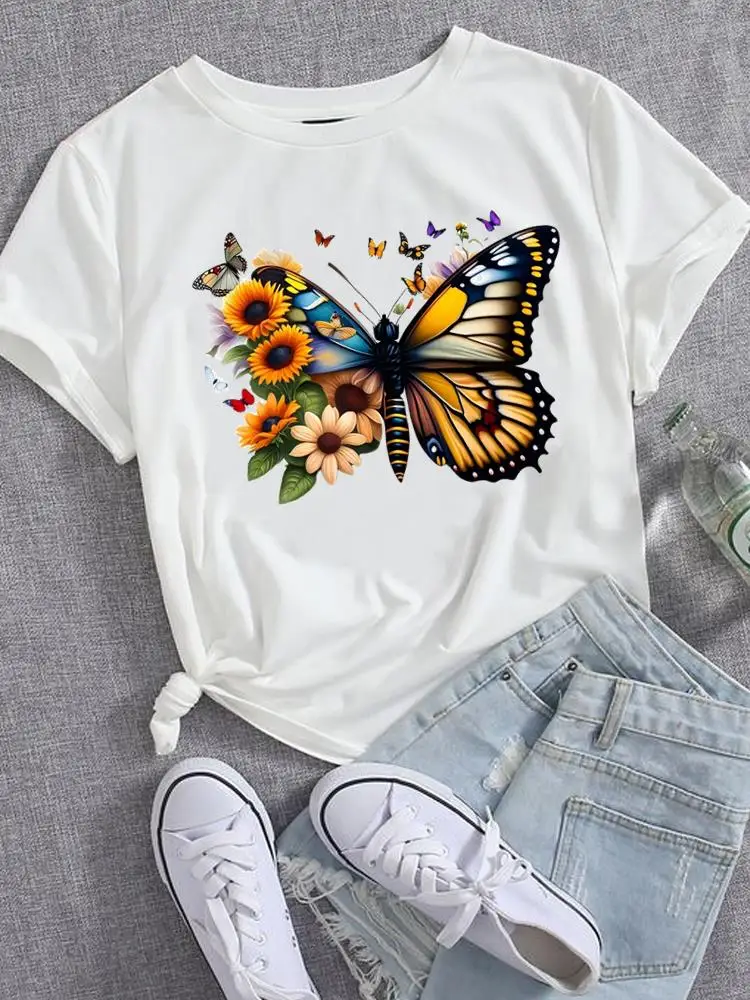

Butterfly Flower Sweet Trend Casual Tee O-neck Women Graphic T-shirts Clothing T Fashion Short Sleeve Printed Female Clothes