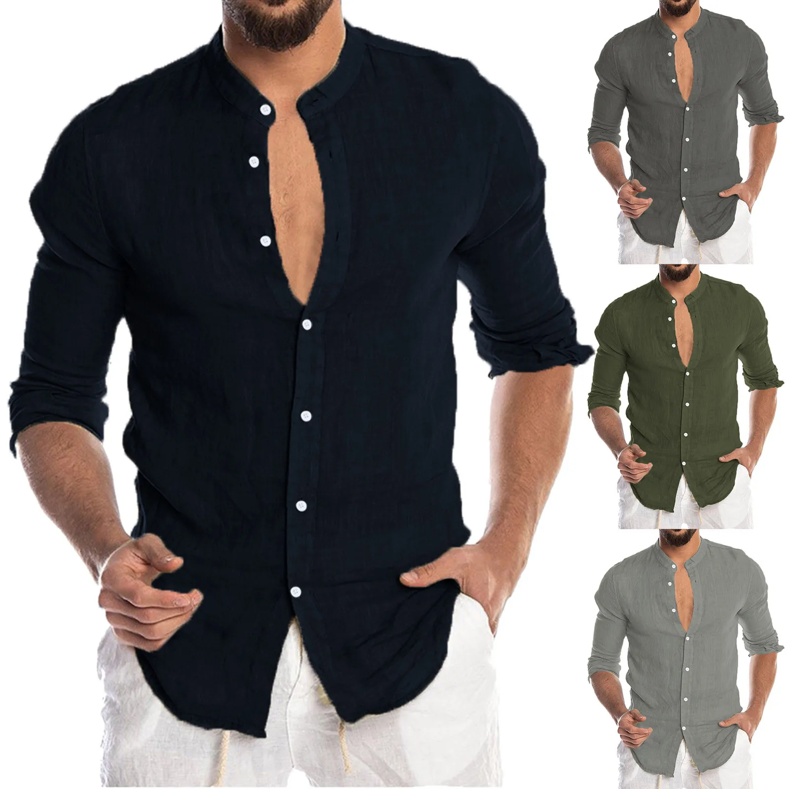 2022 Men's Fashion Casual Shirt Solid color collar open front long sleeve shirt Top comfortable cotton high quality shirt men's button up short sleeve shirts & tops