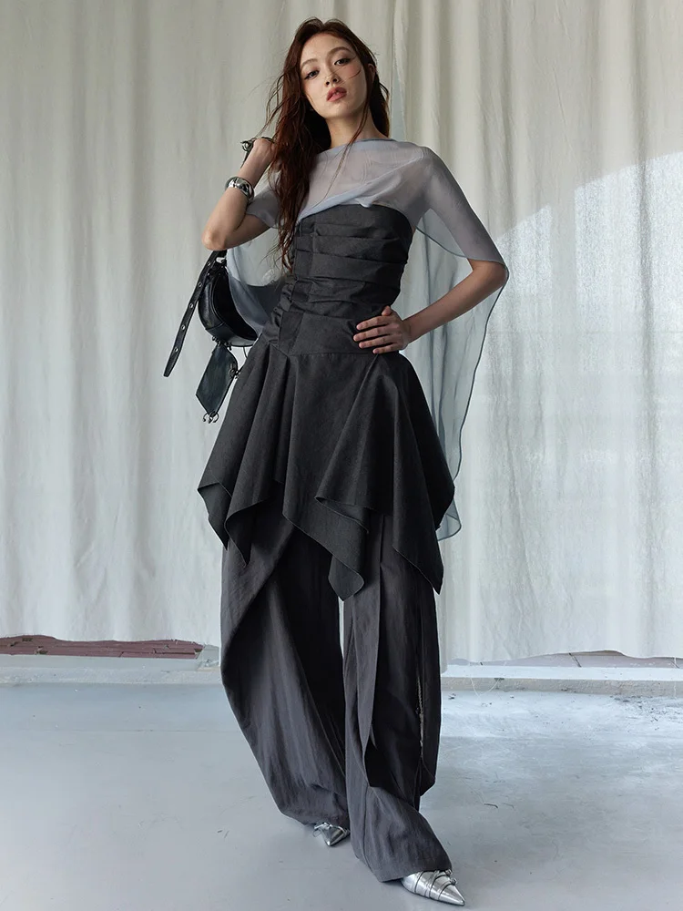 [EAM] High Elastic Waist Gray Ruffles Irregular Bandage Wide Leg Pants New Trousers Women Fashion Tide Spring Autumn 2026 1DJ281