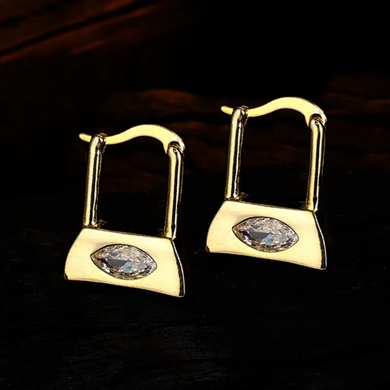 

Stamp 925 Sterling Silver Earrings for Women Piercing Earring Matte Golden Ball Zircon Irregular Geometric Lock Vintage Jewelry