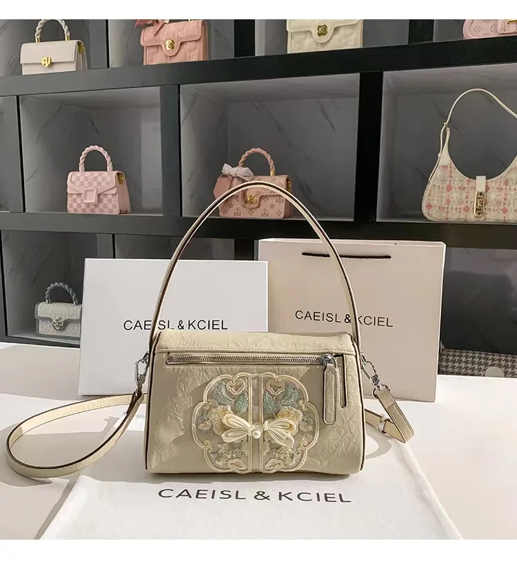 High Quality Textured Leather Embroidery Lace Pillow Bag Women Fashion Handbag Lady Purse Female Shoulder Crossbody Bag