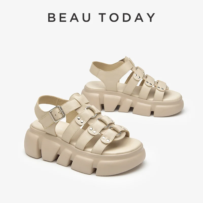 

Leisure Sandals Women Genuine Cow Leather Solid Metal Decoration High Heel Platform Summer Ladies Shoes Handmade 38224