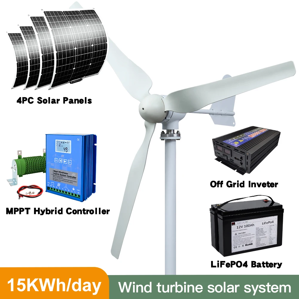 Daily 15kwh 4000W Turbine Solar System With Free Charging Controller Yacht Farm Family Farm 220V With Lithium Battery