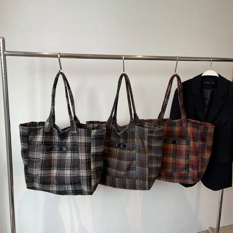 Woolen Plaid Big Bag Women's 2025 New Korean Version Tote Bag College Style Casual Large-capacity Shoulder Bag
