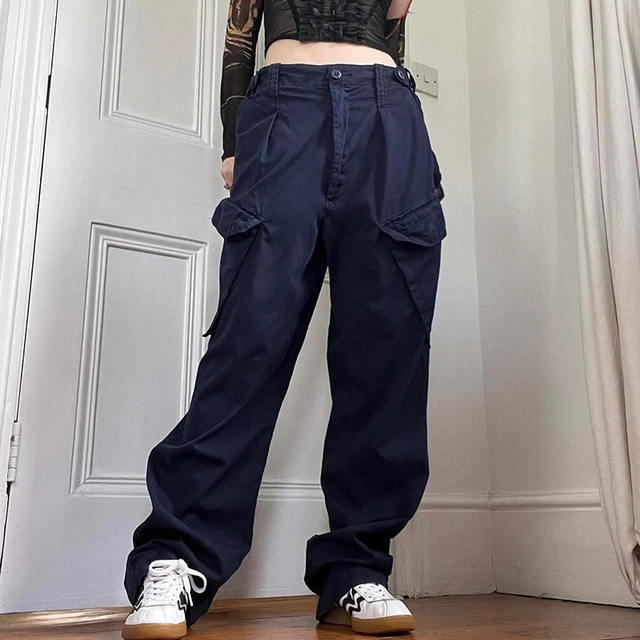 Blue Cargo Pants Parachute Button Fly Pockets High Waist Loose Amercan  Retro Women Streetwear - AliExpress