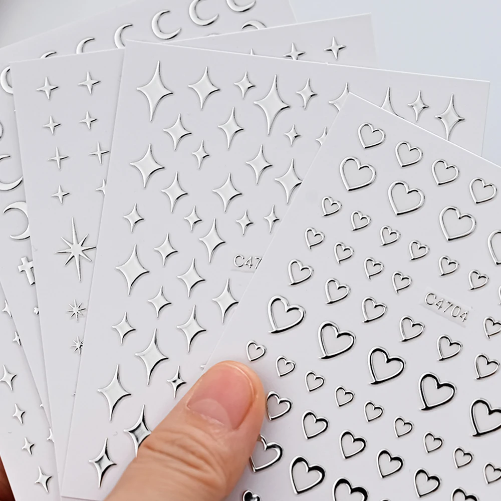 Mirror Metallic Silver Love Heart Nail Stickers Star Moon Starlight ...