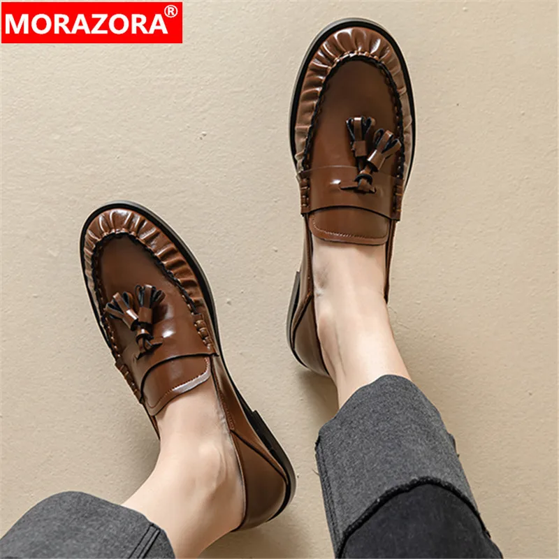 

MORAZORA 2024 New Loafers Genuine Leather Shoes Woman Slip On Shallow Office Ladies Pumps Square Low Heels Single Shoes