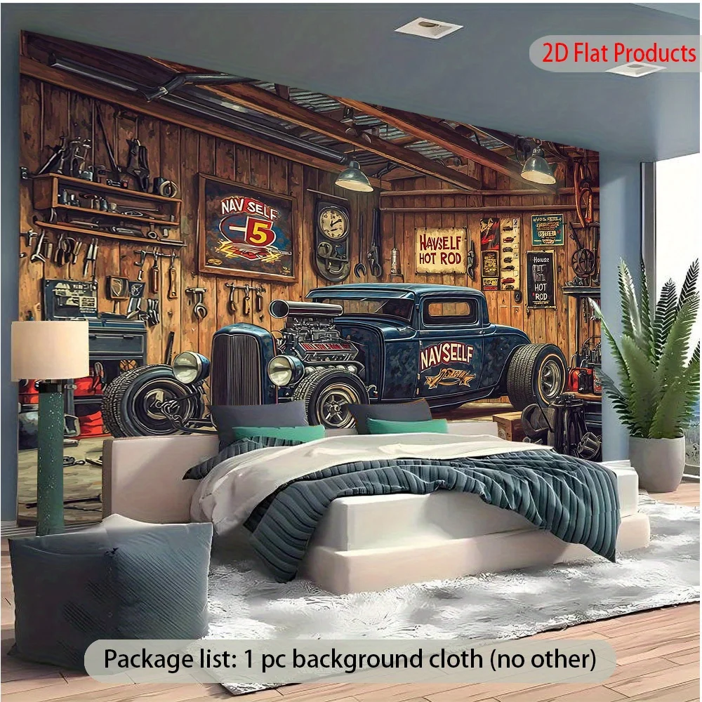2D flacher Retro-Hot-Rod-Garagenbanner-Hintergrundstoff für klassische Wanddekoration. Retro-Auto-Design. Für Werkstätten und Partys. – Detail 1