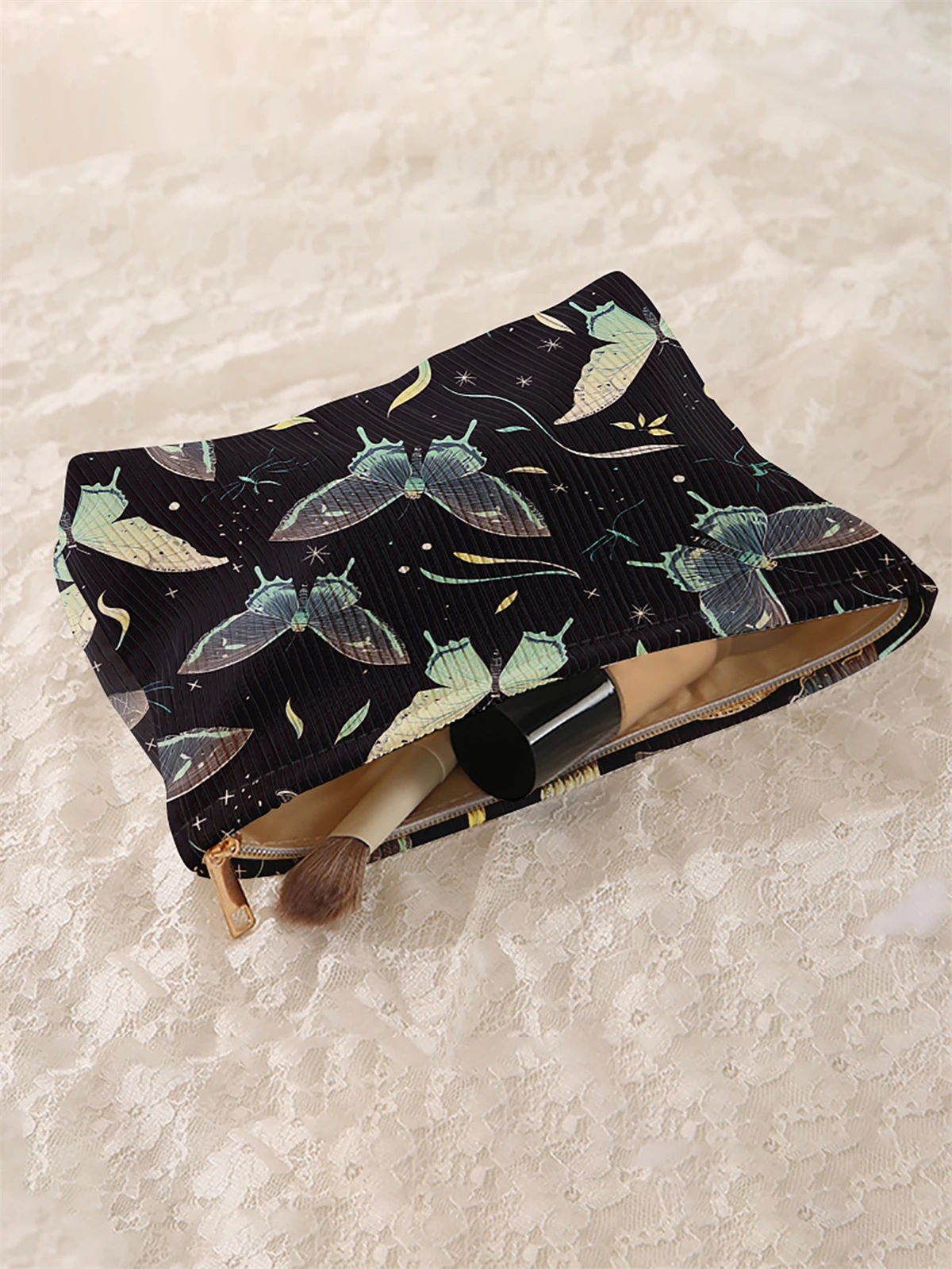 1 butterfly patterned corduroy makeup bag, lightweight zipper makeup storage box, multifunctional bag with lining
