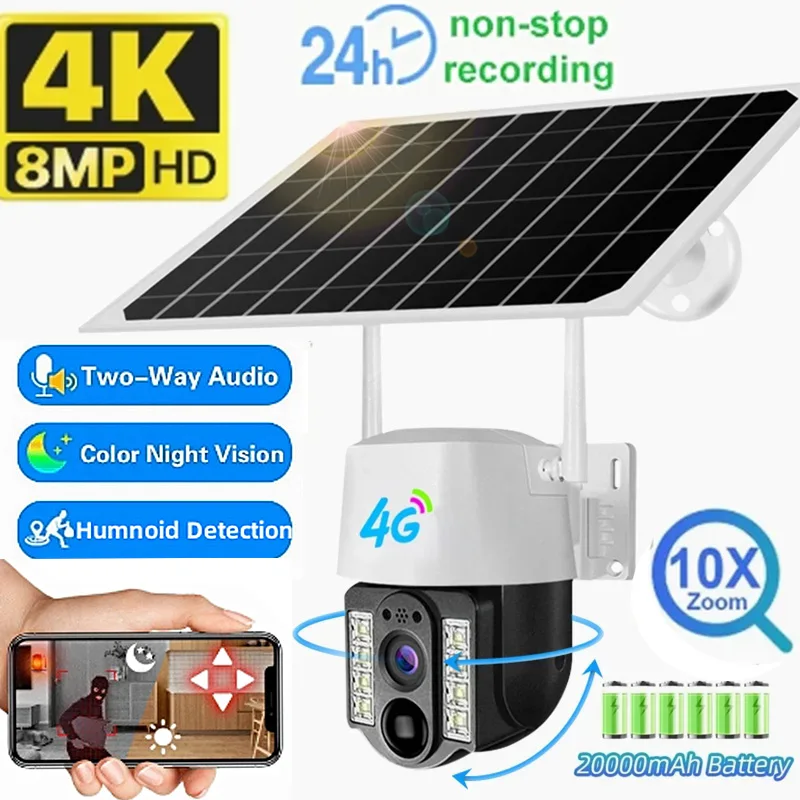 듀얼 스크린 태양광 카메라, 야외 4K 와이파이 PTZ 자동 추적, 방수 스마트 나이트 비전 캠, 양방향 오디오, 8MP 4G SIM 카드