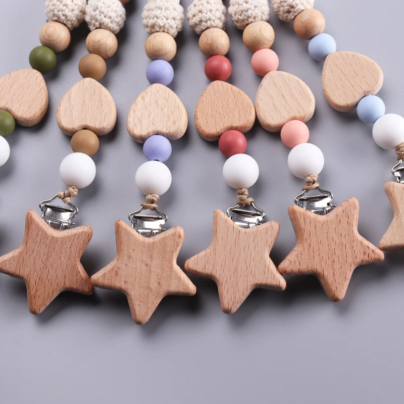Baby Wooden Pentagram Pacifier Holder Clip Wood Crochet Bead Silicone Soother Teething Nursing Chew Toy Newborn Dummy Chain