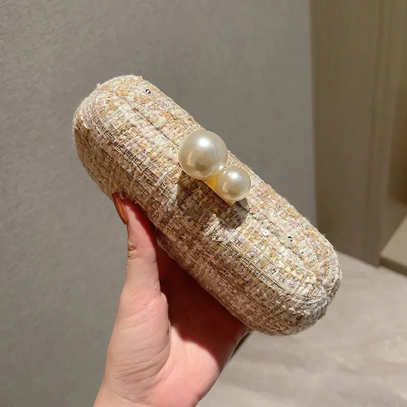 Sequin Tweed Evening Bag Faux Pearl Clutch Purse Plaid Pattern Handbags for Wedding Party Prom Small Shoulder Crossbody Bags