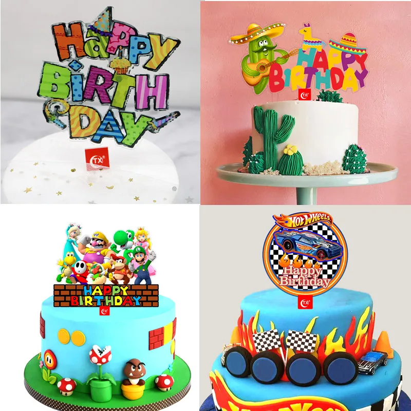 Giochi A Tema Happy Birthday Cake Toppers Car Weels Painted Acrilico Cake Flags Kids Birthday Party Cake Baking Decor Pinata