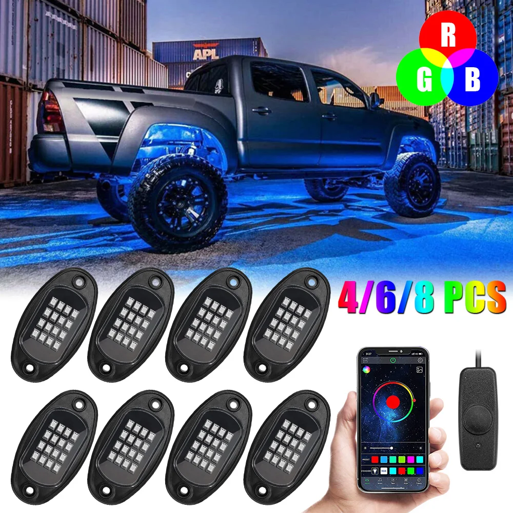 RGB LED Rock Lights Car Chassis Light Music Sync Undergolw For Jeep Off-Road Truck Boat Bluetooth APP Control 4/6/8 In 1