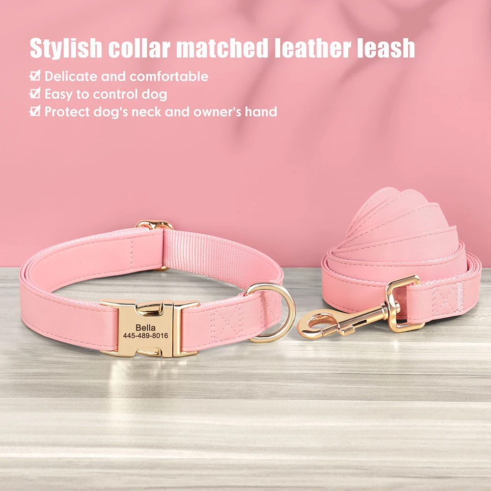 Engraved Leather Dog Collar And Leash Set For Small Medium Large Dogs_voghion.com