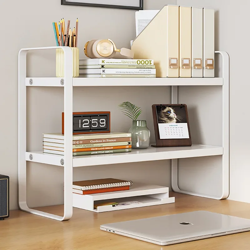 

Nordic Steel Wood Bookshelf Small Office Layered Organizer Desk Simple Desktop Shelf Storage Bathroom