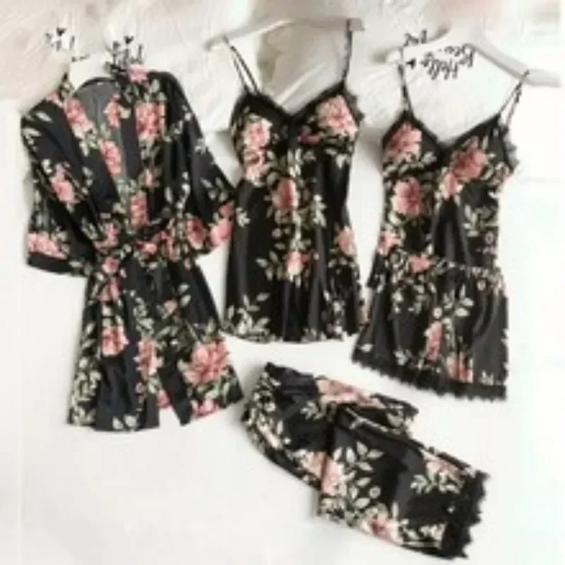 5-piece Set Of Women's Sleepwear Sexy Silk Nightgown Lace Satin Nightgown V-neck Vest Breathable Comfortable Women's Nightgown_voghion.com