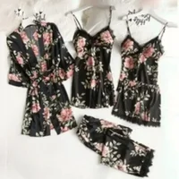Ensemble de 5 pièces de vêtements de nuit pour femmes, chemise de nuit Sexy en soie, dentelle, Satin, col en v, gilet respirant et confortable pour femmes 6