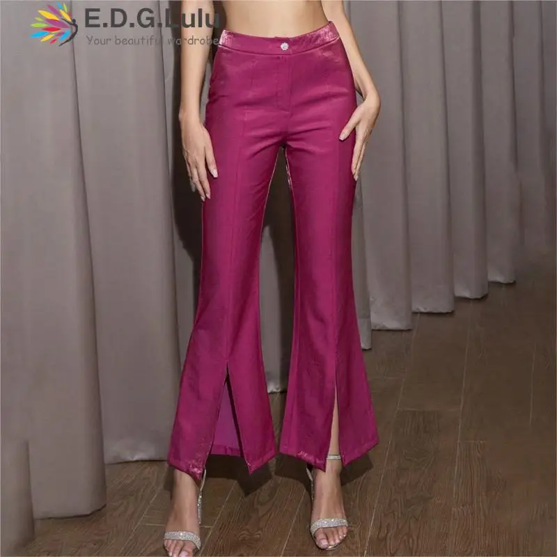 

EDGLuLu Korean Fashion Women Split Flare Pants Spring Summer High Waist Office Lady Elegant Casual Rose Red Trousers 0903