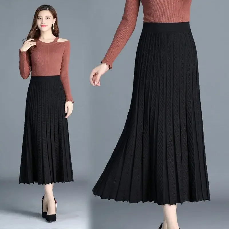 

Knitted Skirt Autumn Winter Women's New Korean Style Pleated Skirt Mid Length High Waist Skirts Clothing Streetwear 90s Woman