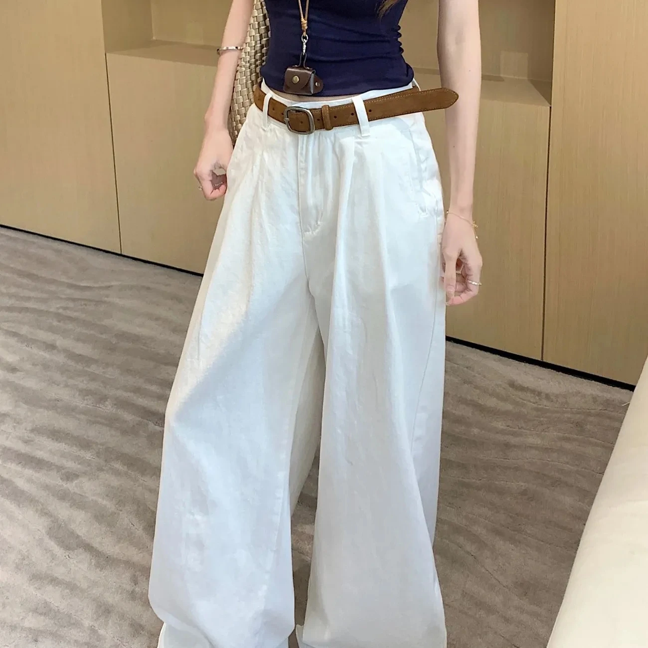 Y2K Korean Style Women's White High Waisted Wide Leg Jeans 2026 Spring Summer New Pleated Design Draped Casual Pants Streetwear 3