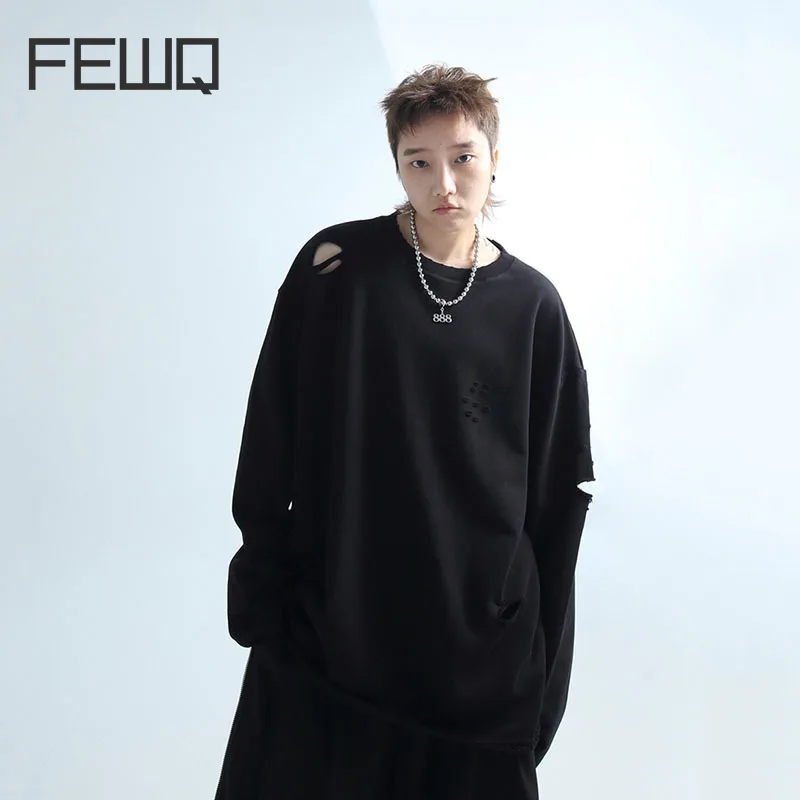 

FEWQ Men Sweatshirt Lazy Silhouette Made Old Hole 2023 Round Neck Casual Long Sleeve Hollow Out Male Tops Korean Fashion Autumn
