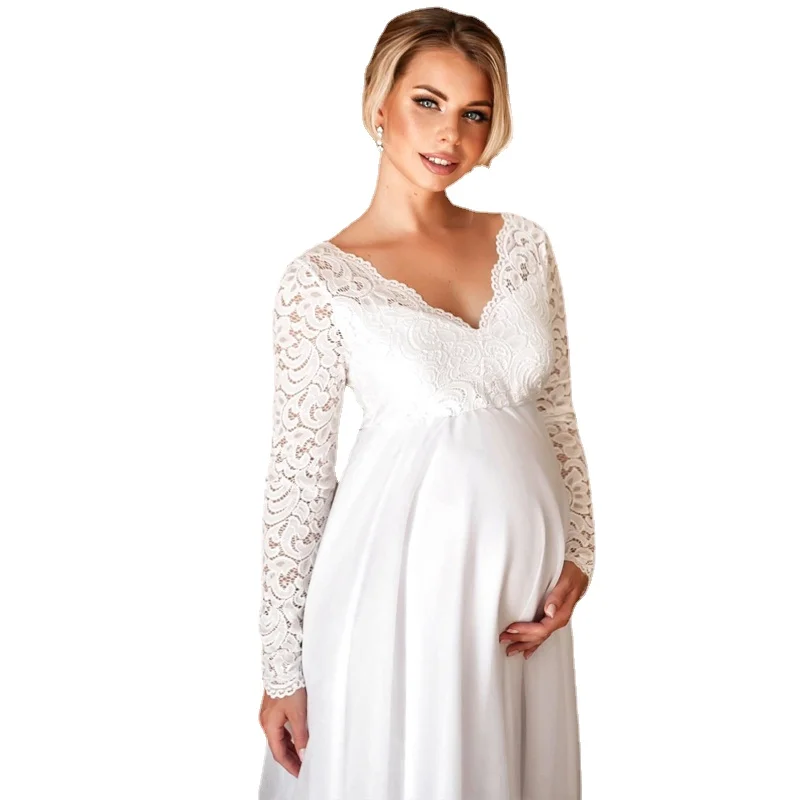 

Lace Maternity Dresses for Baby Showers Photo Shoot Long Sleeve Fancy Pregnancy Maxi Gown Pregnant Women Photography Prop Dress