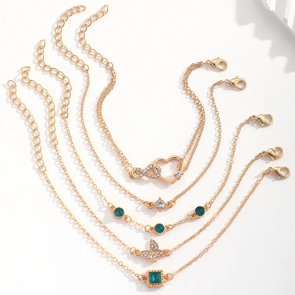 5Pcs Fashion Green Crystal Bracelet Set For Women Butterfly Heart Charm Gold Silver Color Chain Bangle Female Trendy Jewelry - Image 7