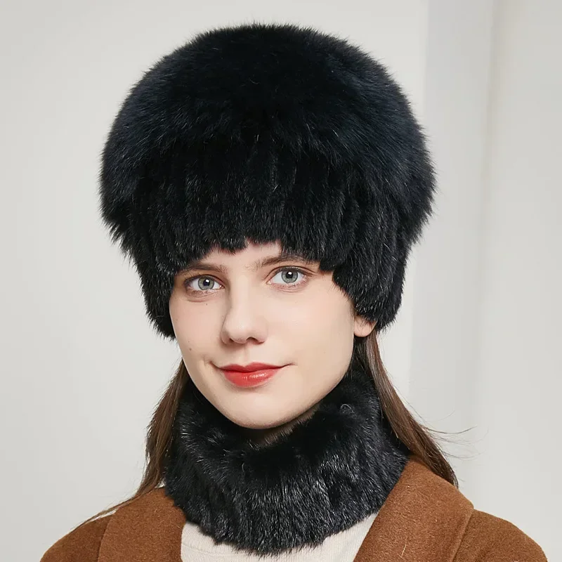 

Mink Fur Straw Hat Female Side Flower Hat Ear Protection Hat Scarf Mink Fur Hat Winter Europe and America