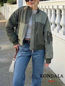 KONDALA Streetwear Armygreen Bomber Jackets Women Patchwork Zipper Pockets Oversized Jackets Fashion 2025 Winter Spring Coats 1
