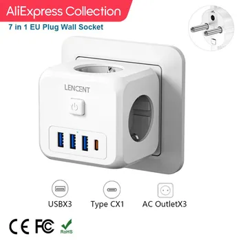 AliExpress Collection LENCENT 가정용 벽 소켓 확장기, AC 콘센트 3 개, USB 포트 3 개, 타입 C 7-in-1 EU 플러그 충전기, 켜기/끄기 스위치