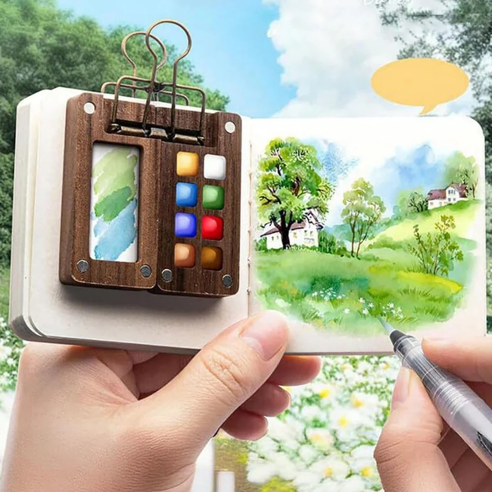 Mini Portable Watercolor Palette Set Multi Colors Wooden Grid Paint Box Pocket Artist Travel Paint Palette for Travel Drawing