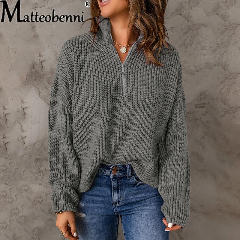

Fashion Zipper Half Open Collar Sweater Women Solid Pullover Long sleeve Tops Autumn Winter Patchwork Knitted Jumper Streetwear
