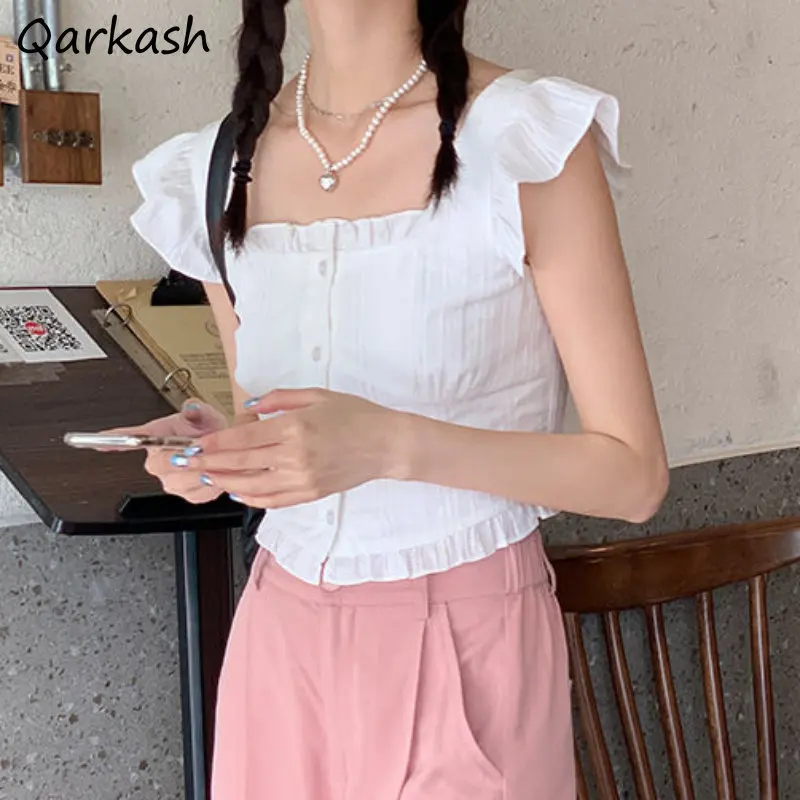 

Sweet shirts Women Summer Chic Flying Sleeve Fashion Casual All-match Harajuku Student Korean Preppy Style Tender Vintage New