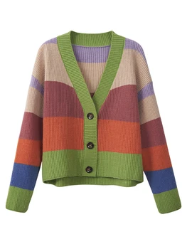 Autumn Winter Women V-neck Cardigan Tops Casual Rainbow Color Sweater Fashion Knitted Loose Jacket Y2k Streetwear 2025