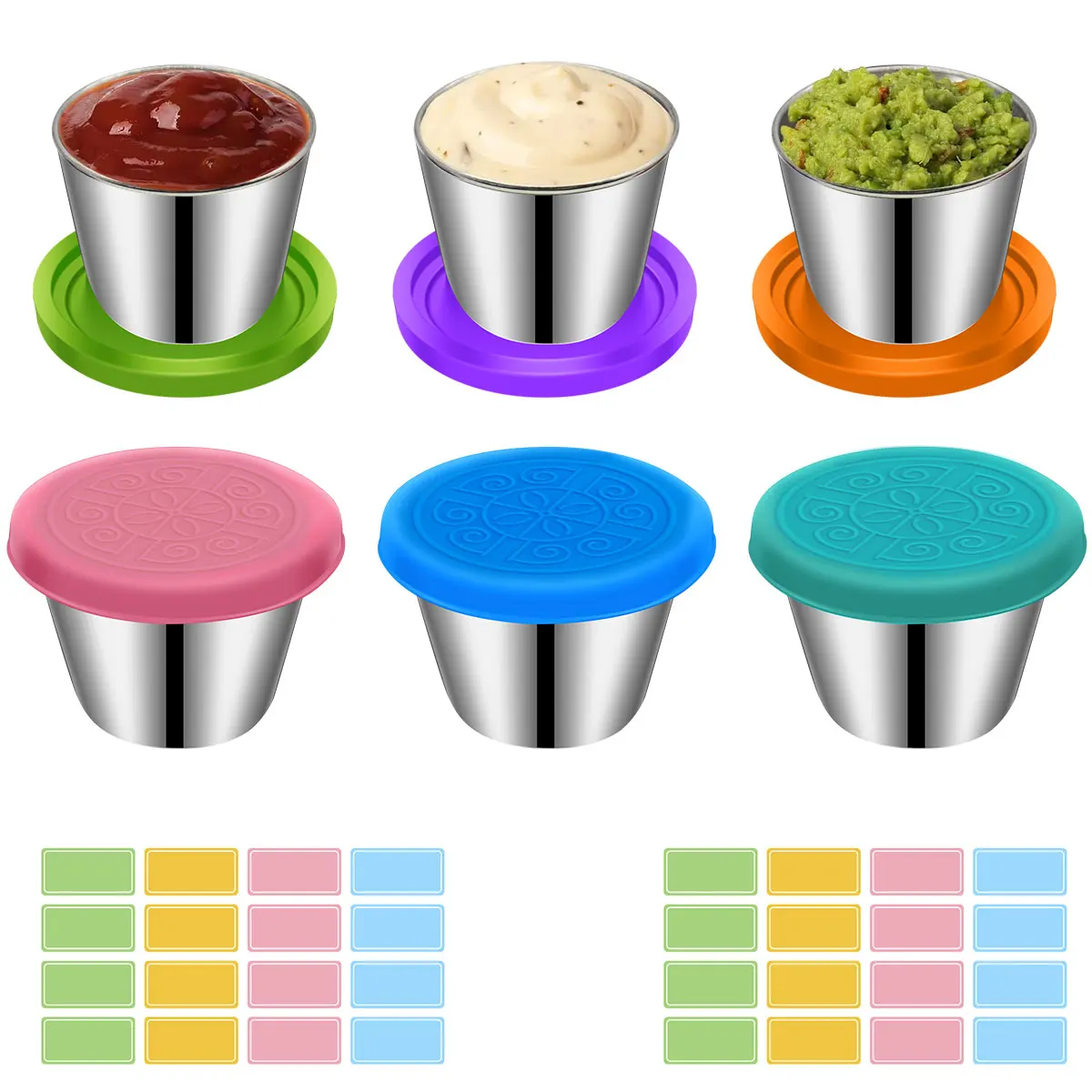 

6Pcs Salad Dressing Container with Silicon Lids Labels 1.6oz Reusable Stainless Steel Condiment Container Leak Proof Portable