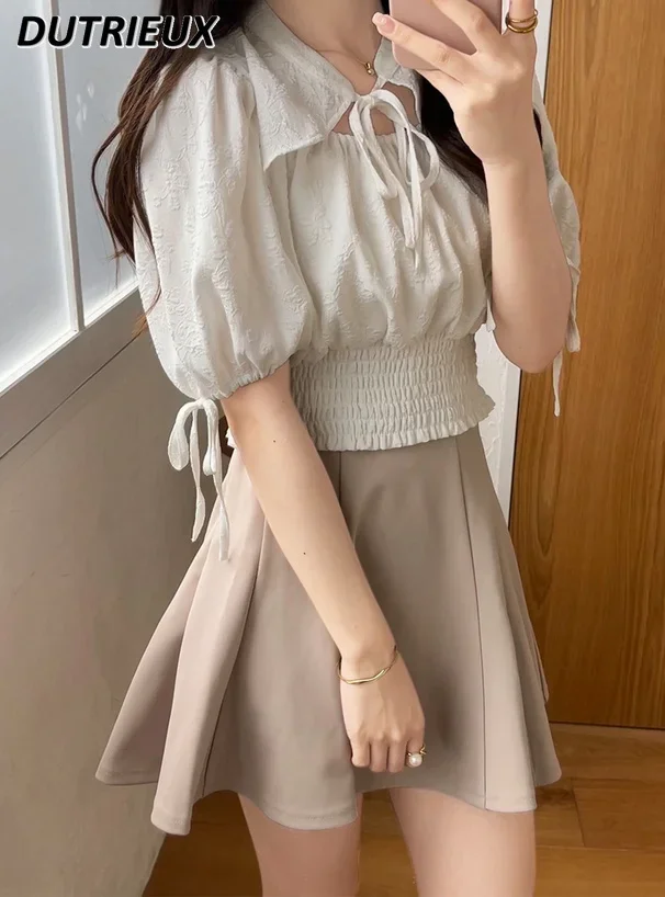 Summer New 2024 Japanese Style Sweet Flowers Printed Design Elastic Waist Top Drawstring Puff Sleeve Short Shirt Blouses