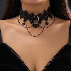 Gothic Black Lace Rope Chain Necklace with Crystal Beads and Geometric Charm Choker (Black)