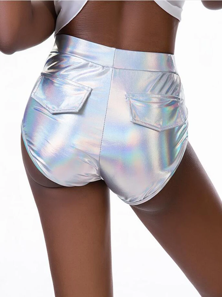 

YRRETY Summer Women Dancing Shiny Silver Shorts Tight Fitness Slim Skinny Casual High Elastic Waist Metallic Gym Yoga Bottom