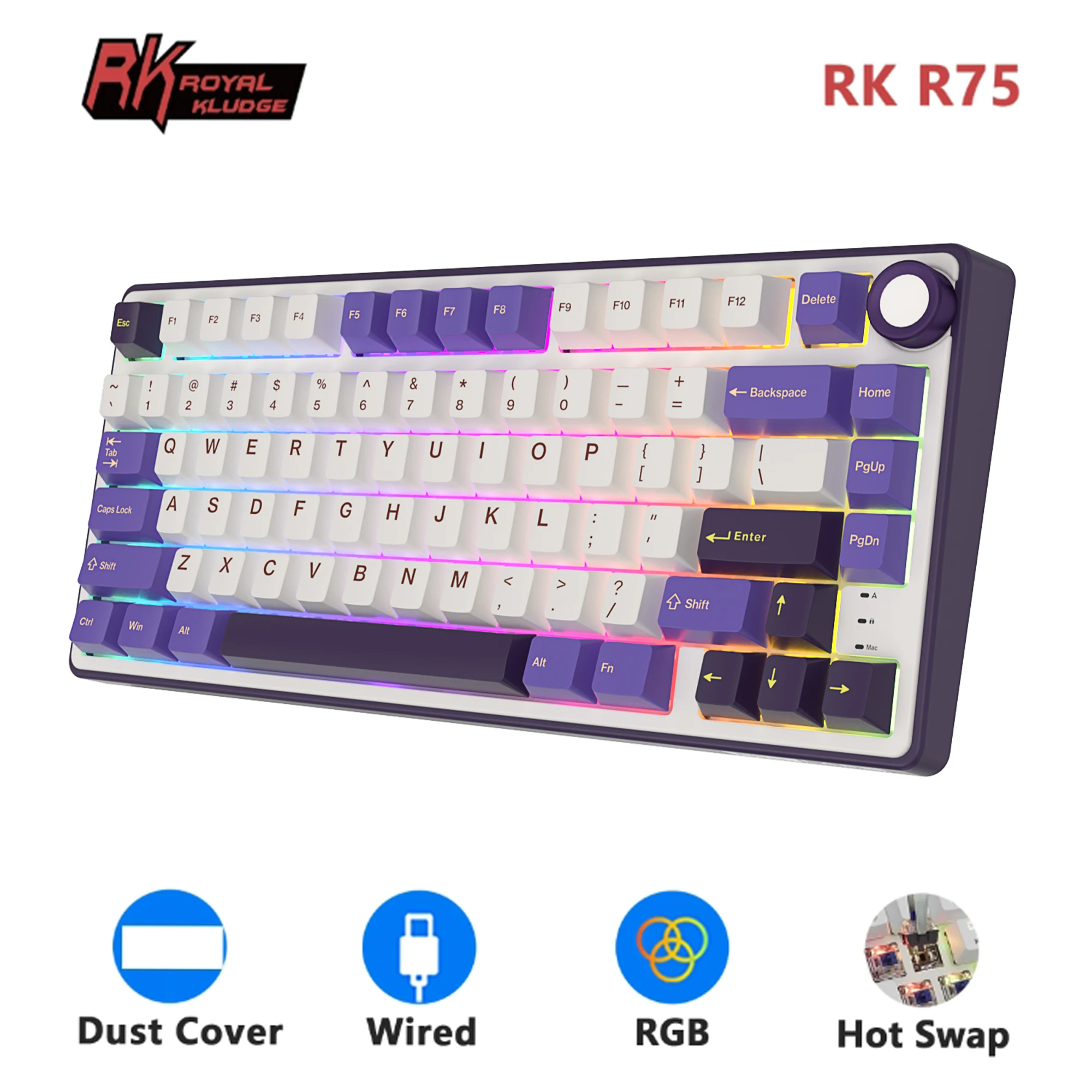 

RK R75 Royal Kludge Gasket Wired Gamer Keyboard 80 Keys 80% RGB Backlit Hot-swappable Mechanical Keyboard with MDA PBT Keycaps