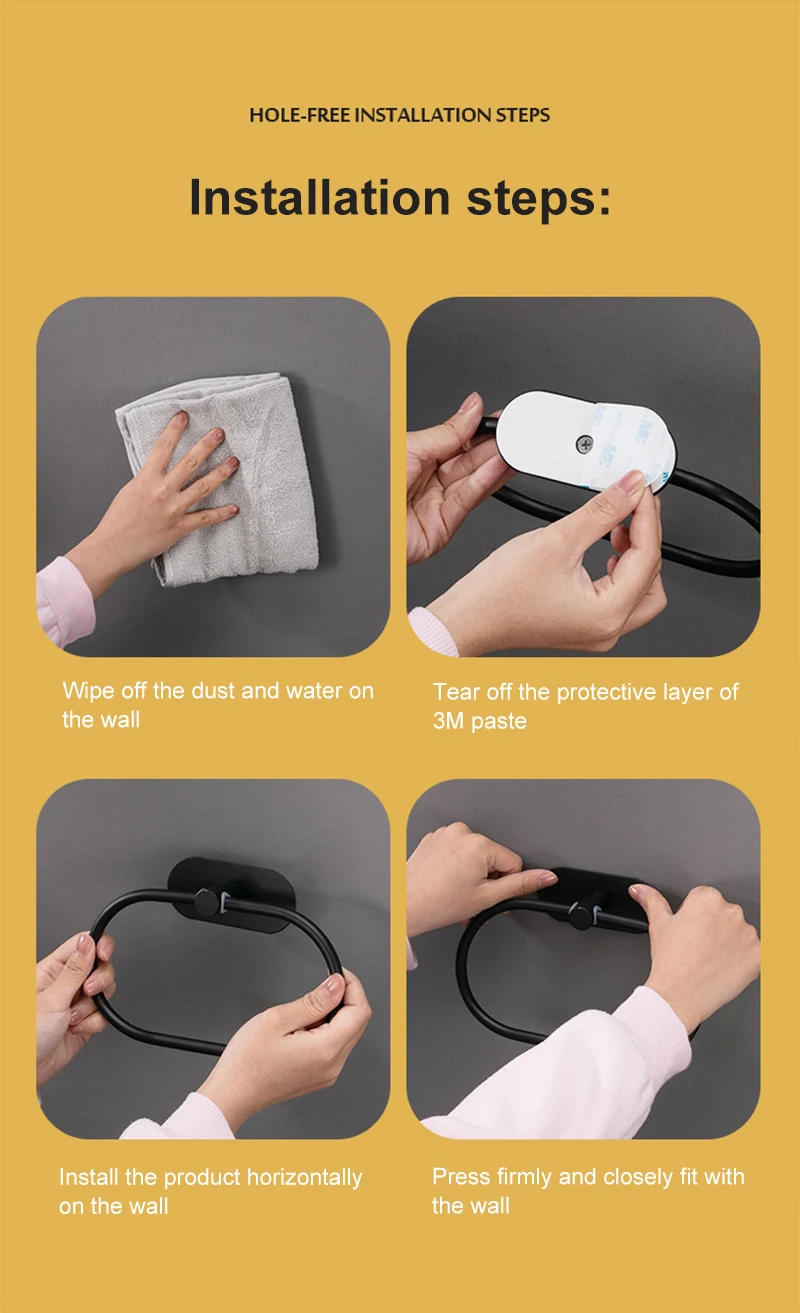 Description Picture 5 of itemNo Drilling Self-adhesive Black Towel Bar Holder Robe Hook Toilet Paper Rack Brushed Gold Bathroom Hardware Accessories Set