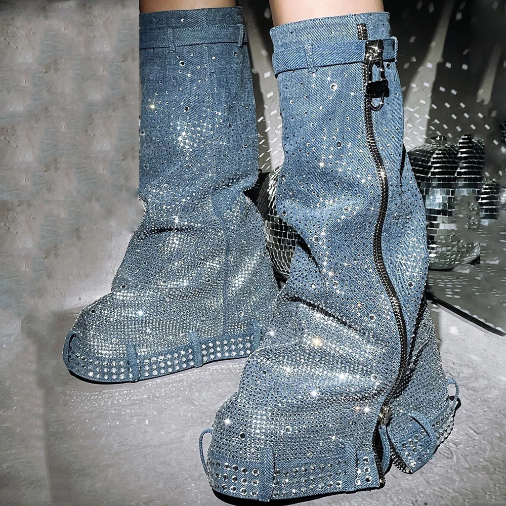 

Denim Metallic Lock Shark Long Boots Thick Soles Knee High Booties Women Round Toe Zipper Bling Diamonds Shoes For Lady