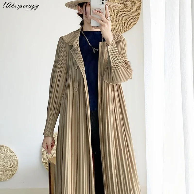

Plicated Trench Coat Women's Spring Autumn Loose Fashion Solid Color Double-breasted Windbreaker Turndown Long Outerwear