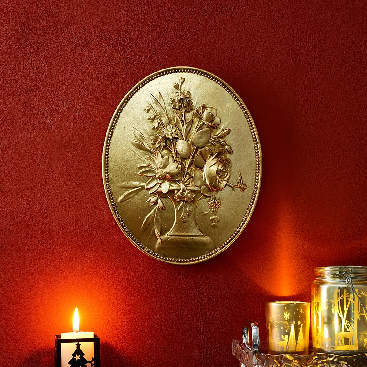 1PC, retro golden oval-shaped faux relief carved wall decoration, hand-painted resin material for home wall decoration