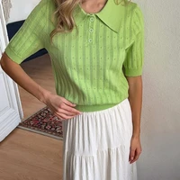 Femmes Vintage tricoté culture hauts bureau dame à manches courtes col rabattu pulls tricots décontracté couleur unie découpe T-shirt 1