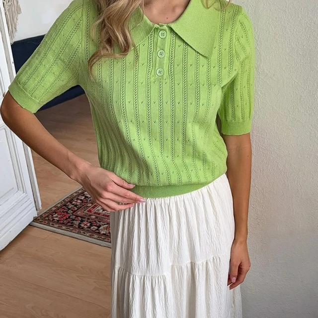 Femmes Vintage tricoté culture hauts bureau dame à manches courtes col rabattu pulls tricots décontracté couleur unie découpe T-shirt 1