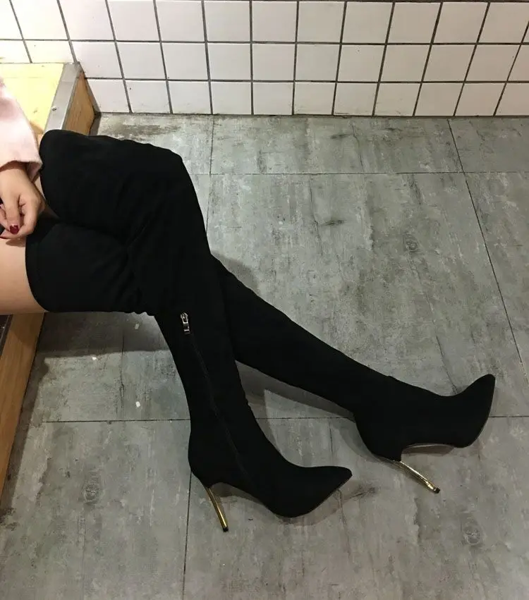 

2022 Over-The-Knee Boots Elastic Black Suede Pointed Toe Shoes For Woman Sexy High Heels Party Shoes Ladies Stilettos Winter